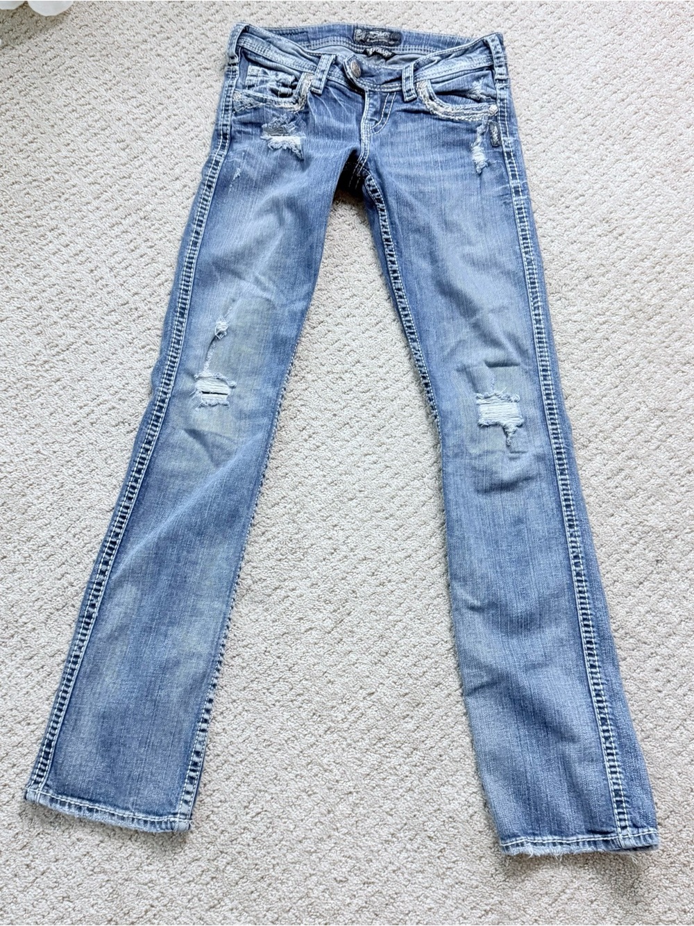 Y2K Silver Low-Rise Distressed baby bootcut Women's Jeans - Light Blue - Picture 6 of 8
